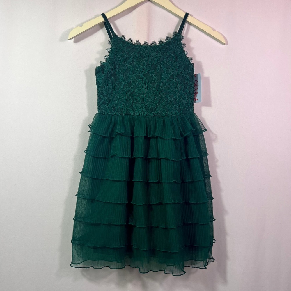 Cat & Jack Girls Green Lace Tiered Ruffle Party Dress Size M 8 New